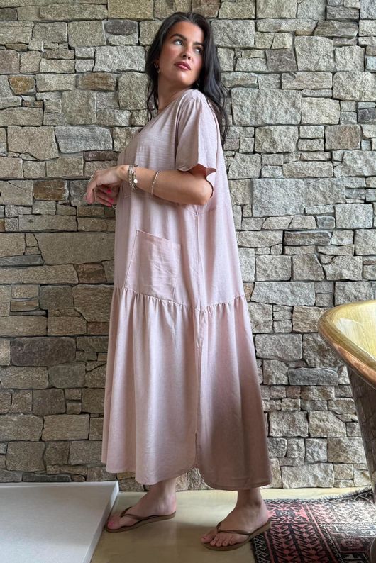 Rustic Nature Linen Blend Smock T Shirt Dress Washed Ballet Blush